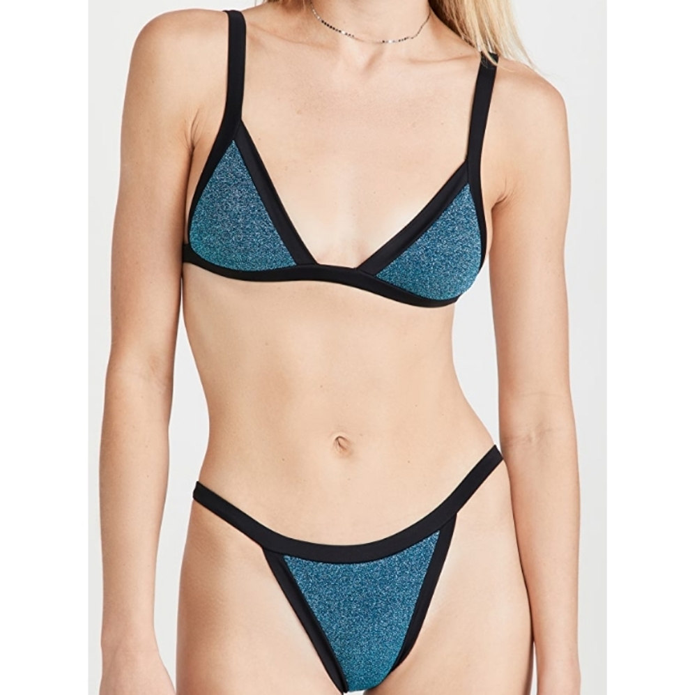 Oseree Teal Glitter Triangle Bikini with Black Trim
